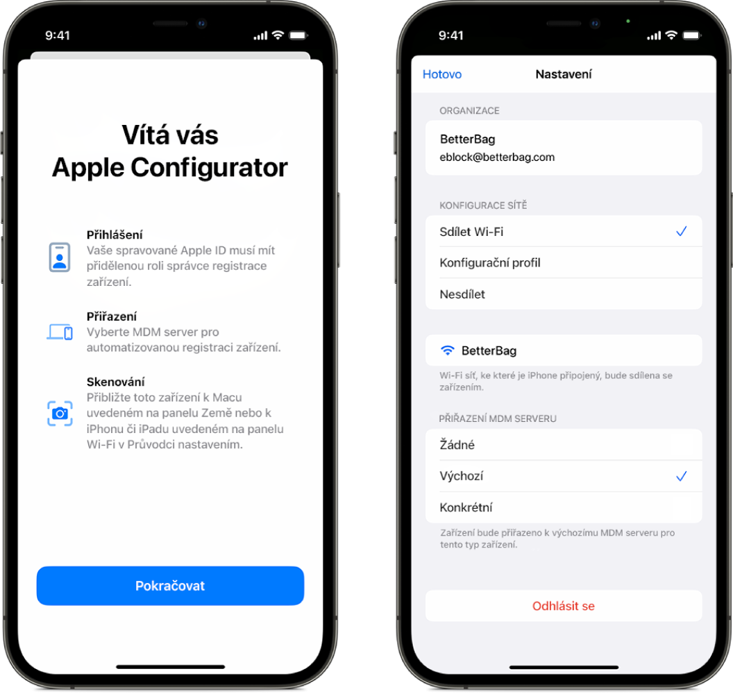 V Apple Configuratoru pro iPhone jsou vidět dvě obrazovky – hlavní obrazovka s uvítacím oknem a přidružená obrazovka, na které je pro automatické přiřazení zařízení vybraný výchozí MDM server.