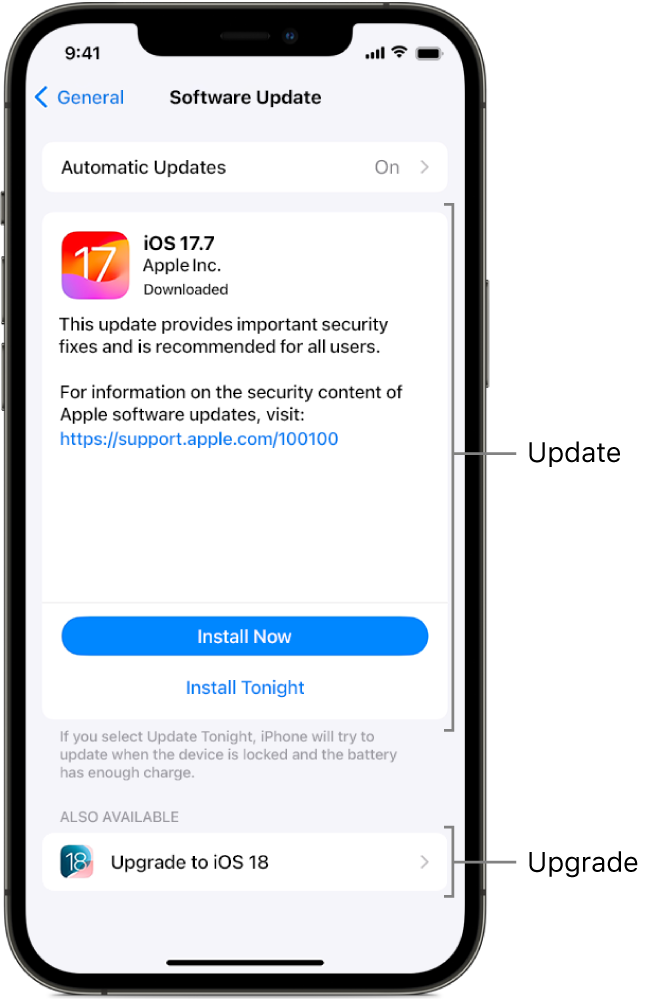 An iPhone screen showing an update to iOS 17.7 or an upgrade to iOS 18.