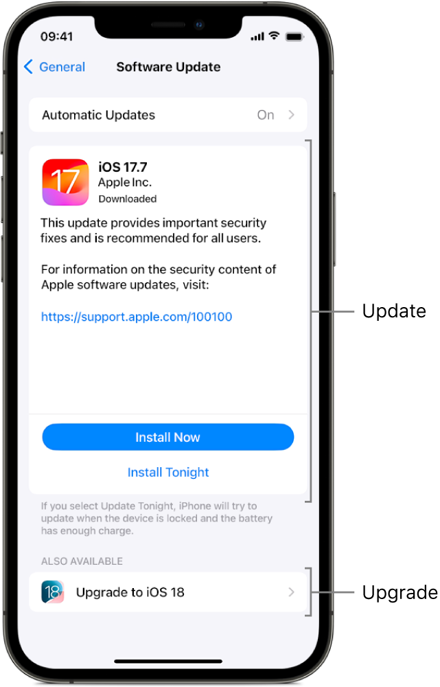 An iPhone screen showing an update to iOS 17.7 or an upgrade to iOS 18.