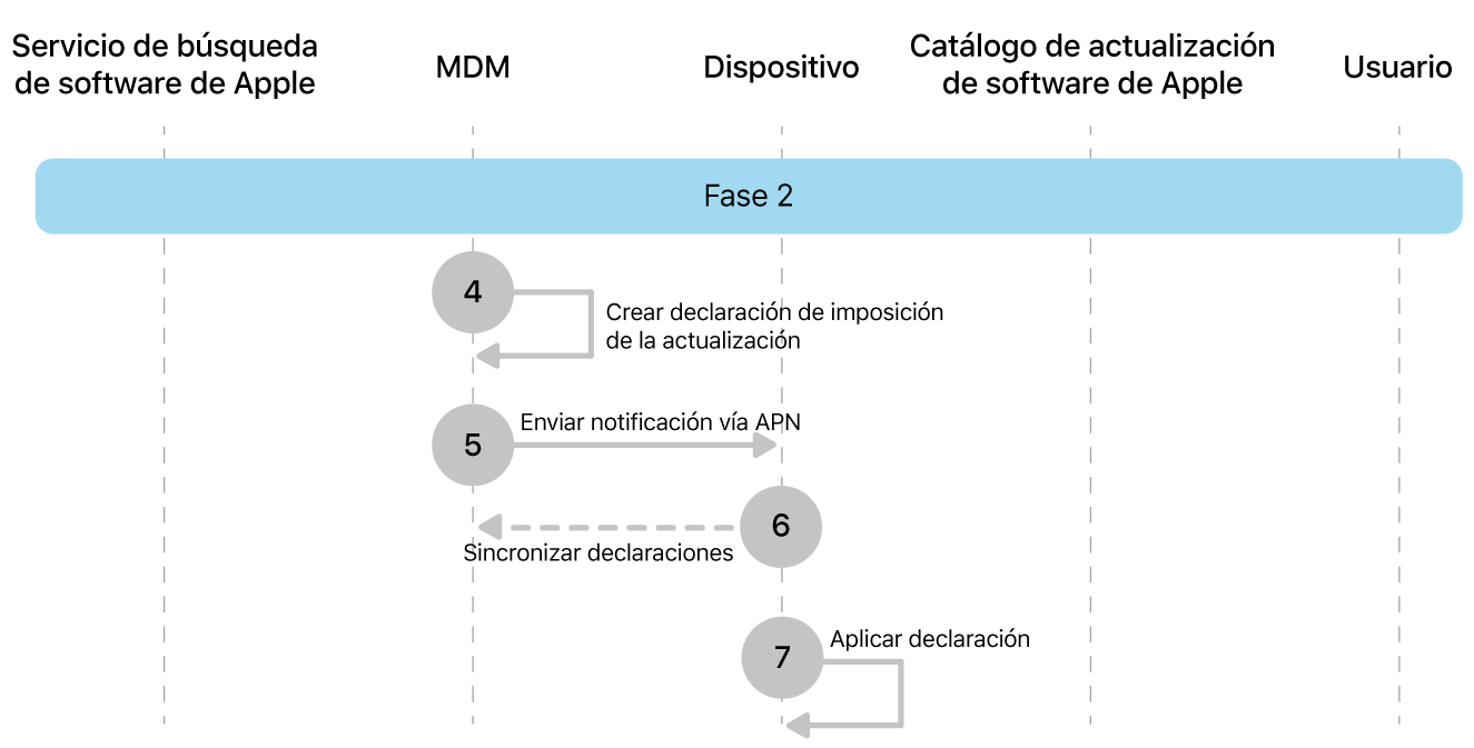 La segunda fase mostrando los pasos del 4 al 7 de la imposición de actualización de software de Apple.