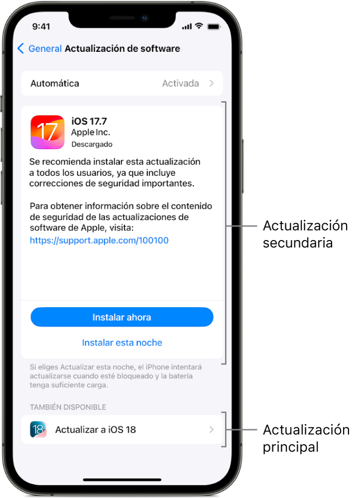 La pantalla de un iPhone mostrando una actualización menor a iOS 17.7 o una actualización mayor a iOS 18.