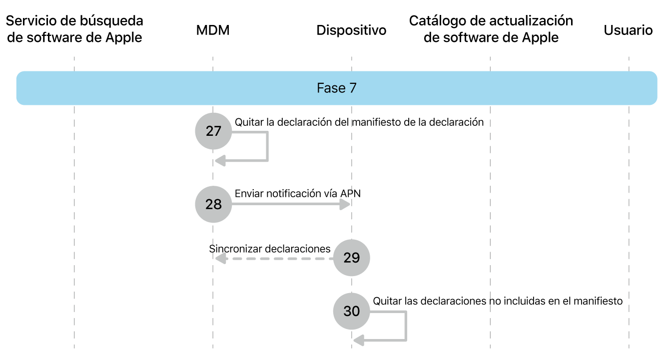 La séptima fase mostrando los pasos del 27 al 30 de la imposición de actualización de software de Apple.