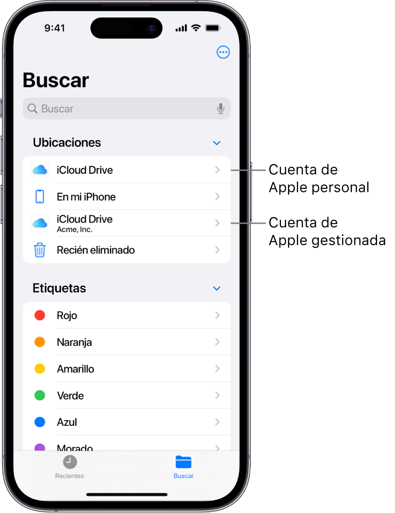 Pantalla de un iPhone con la app iCloud Drive para la cuenta de Apple gestionada personal de un usuario y para su cuenta de Apple gestionada.