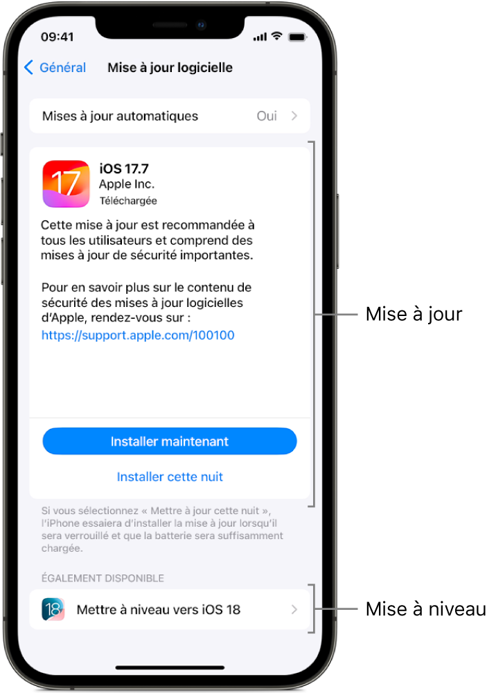 Un écran d’iPhone qui affiche une mise à jour vers iOS 17.7 ou une mise à niveau vers iOS 18.