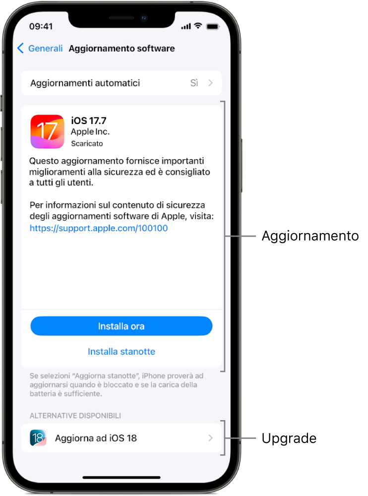 Una schermata di iPhone che mostra un aggiornamento a iOS 17.7 o un upgrade a iOS 18.