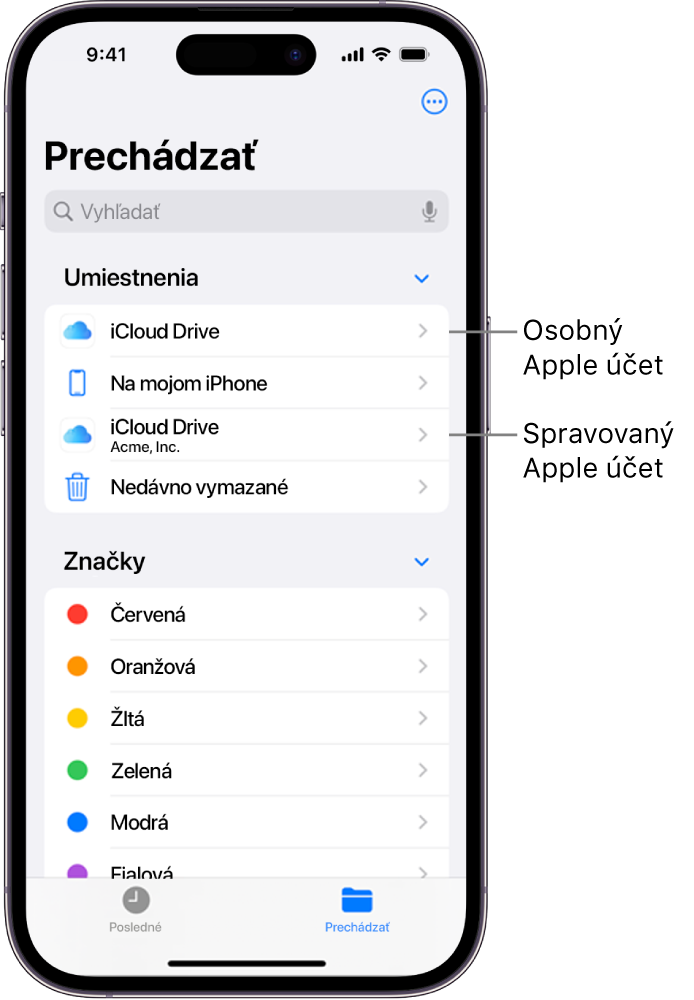 Obrazvka iPhonu so zobrazeným iCloud Drivom pre osobný Apple účet užívateľa a pre jeho spravovaný Apple účet.