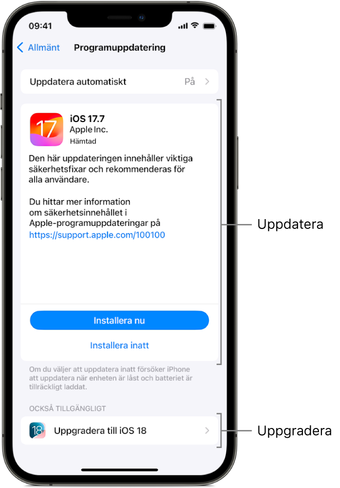 En iPhone-skärm visar en uppdatering till iOS 17.7 eller en uppgradering till iOS 18.