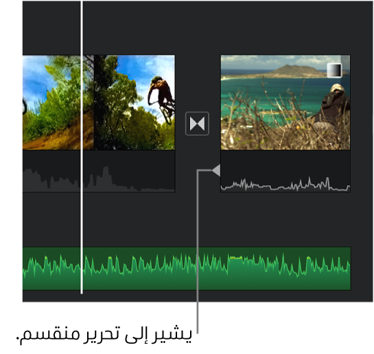 مؤشر تعديل تقسيم يظهر في جزء الصوت ضمن الانتقال في المخطط الزمني.