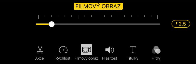Jezdec Hloubka ostrosti, který se objeví, když klepnete na tlačítko Filmový obraz.
