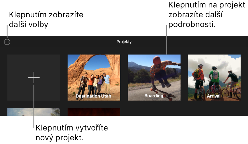 Projekty v prohlížeči projektů s tlačítky Vytvořit a Další volby vlevo nahoře.