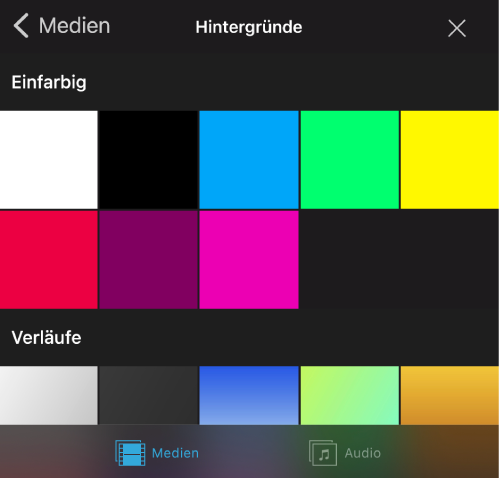 Ein Projekt mit einem gemusterten Hintergrund befindet sich im Vorschaubereich und rechts ist die Hintergrundübersicht geöffnet.