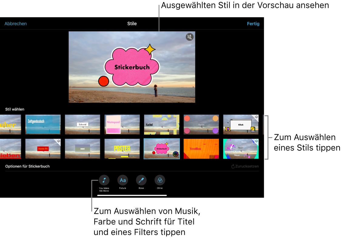 Der Vorschaubereich mit der Voransicht eines ausgewählten Stils mit Stiloptionen darunter. Unten auf dem Bildschirm werden Tasten für das Hinzufügen von Musik, das Auswählen einer Farbe und einer Schrift für Titel sowie das Hinzufügen eines Filters angezeigt.
