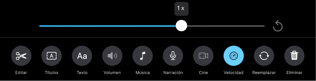 El regulador Velocidad está ajustado a la velocidad 1x con el botón Restablecer a la derecha y el botón Velocidad en la parte inferior.