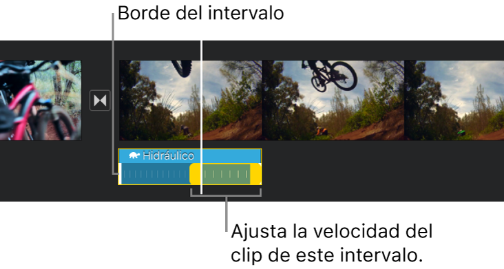 Intervalo de velocidad con tiradores de intervalo amarillos en un clip de audio en la línea de tiempo, con líneas blancas en el clip que indican los bordes del intervalo.