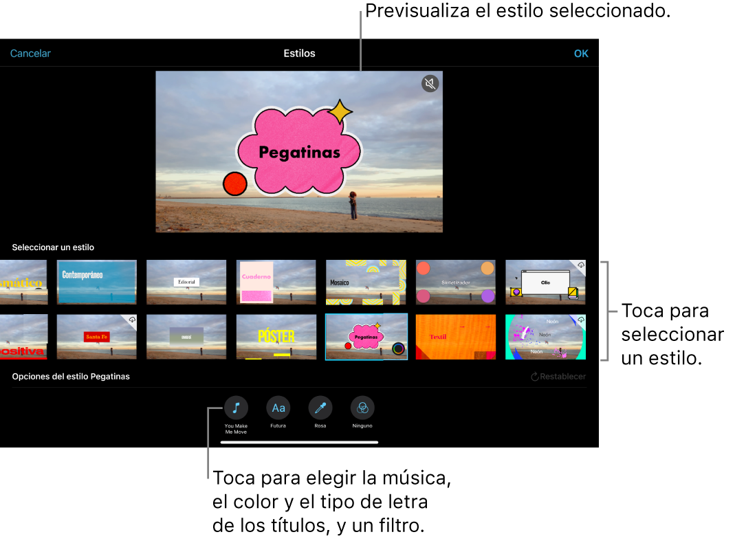 El visor muestra una previsualización de un estilo seleccionado con las opciones de estilo debajo. Los botones para añadir música, seleccionar el color y el tipo de letra de los títulos, y aplicar filtros aparecen en la parte inferior de la pantalla.