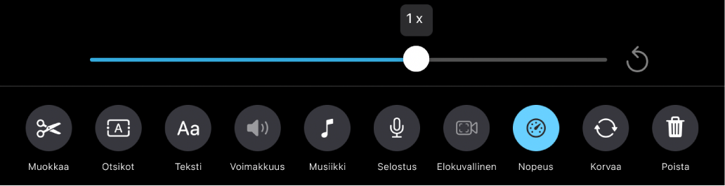 Nopeuden liukusäädin, jossa nopeudeksi on asetettu 1x, Nollaa-painike oikealla ja Nopeus-painike alla.