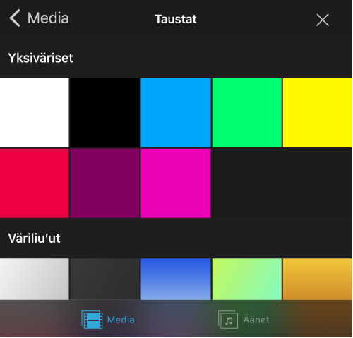 Katseluikkunassa näkyy projekti, jossa on kuviollinen tausta, ja Taustat-selain on avoinna oikealla.