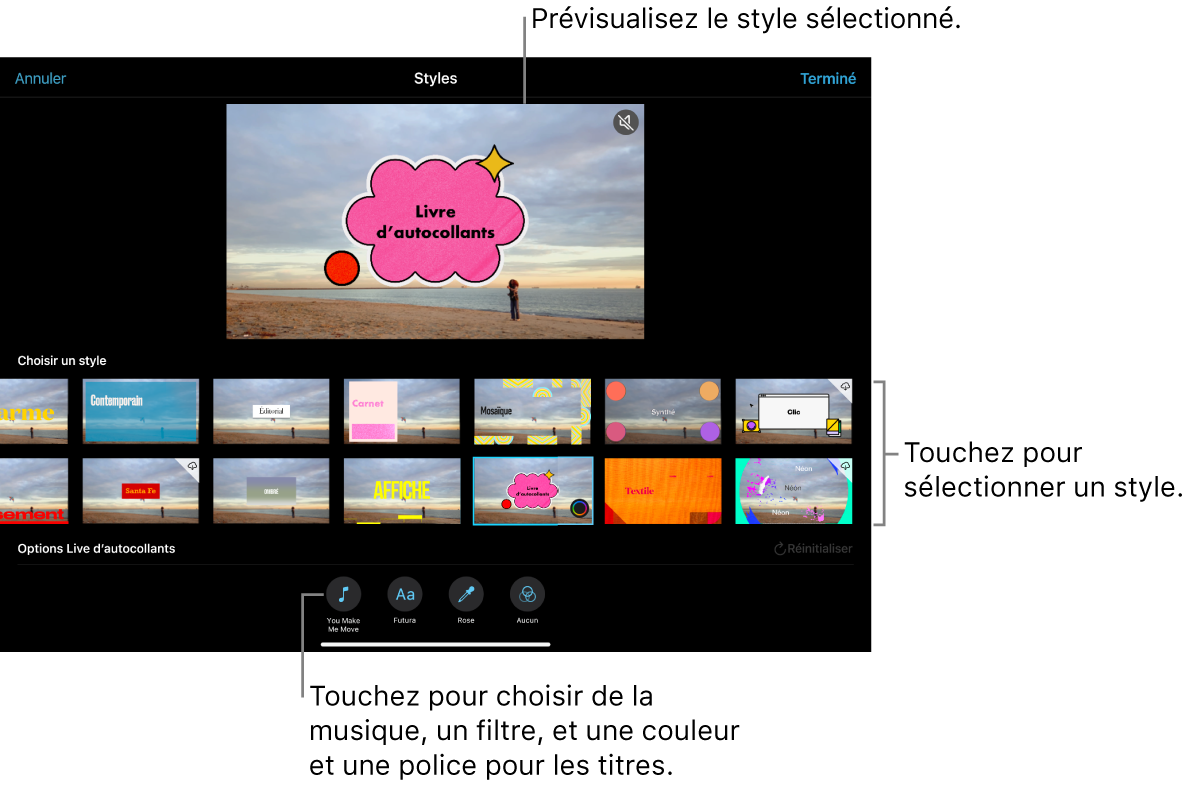 Le visualiseur affichant un aperçu d’un style sélectionné, avec des options de style en dessous. Des boutons pour ajouter de la musique, sélectionner une couleur et une police pour les titres et ajouter un filtre se trouvent en bas de l’écran.