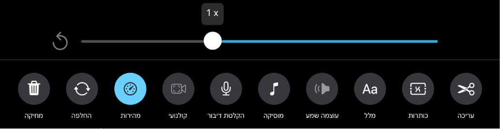 מחוון המהירות מוגדר למהירות של 1x‏. הכפתור ״איפוס״ מופיע משמאל והכפתור ״מהירות״ נמצא למטה.