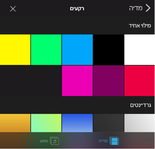 פרויקט עם רקע עם דוגמה פתוח במציג, ודפדפן הרקעים פתוח משמאל.