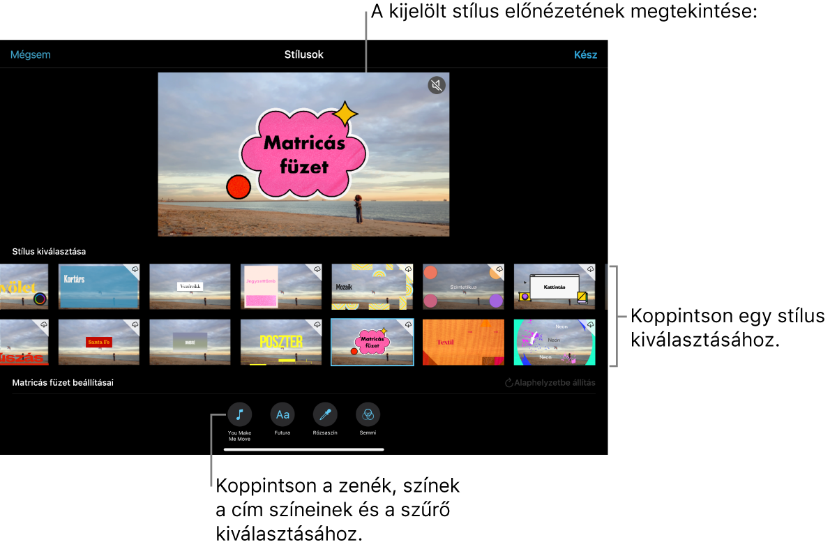 A megtekintőben a kijelölt stílus előnézete, míg alatta a stílusbeállítások láthatók. A képernyő alján a zenék hozzáadására, a címek színének és betűtípusának kiválasztására és szűrők hozzáadására szolgáló gombok láthatók.