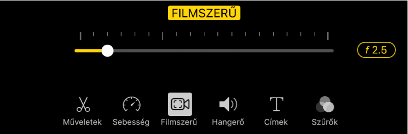 A Mélységélesség csúszka, amely akkor érhető el, ha a Filmszerű gombra koppint.