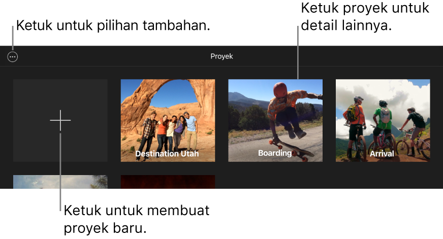 Proyek di browser Proyek, dengan tombol Buat dan Pilihan Lainnya di kiri atas.