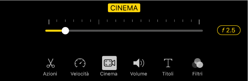 Il cursore “Profondità di campo”, disponibile quando tocchi il pulsante Cinema.