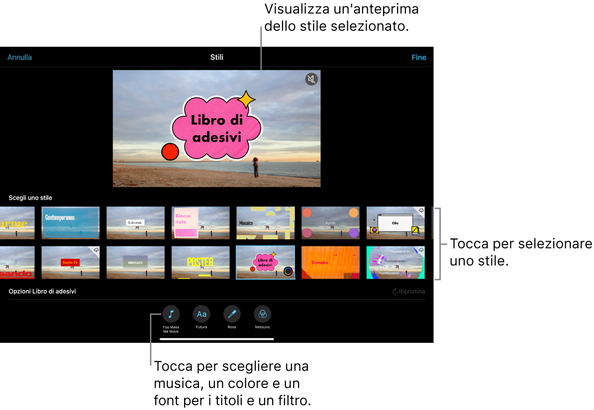Il visore mostrante un’anteprima di uno stile selezionato con diverse opzioni di stile di seguito. I pulsanti per aggiungere musica, il font da usare per i titoli e per applicare un filtro sono visibili in basso.