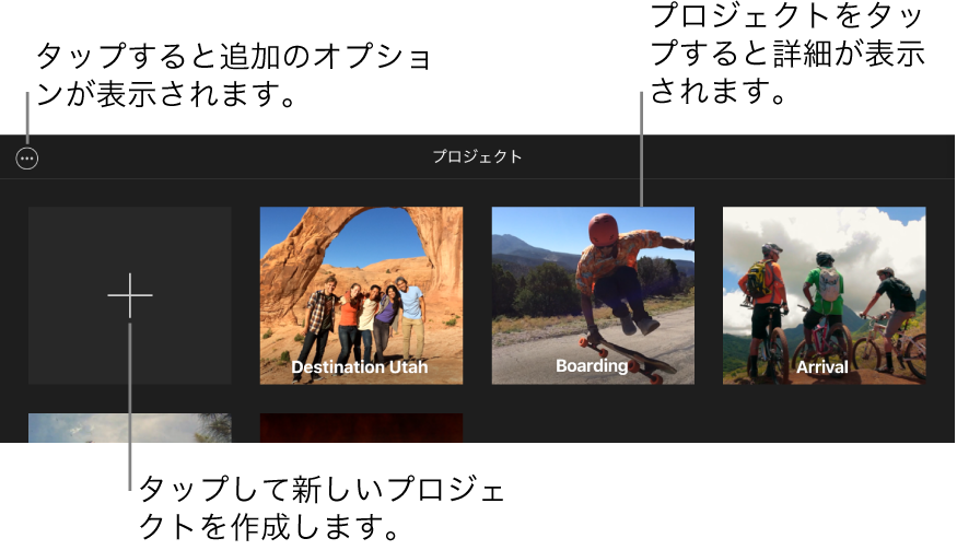 プロジェクトブラウザ内のプロジェクト。左上には「作成」ボタンと「詳細設定」ボタンが表示されています。