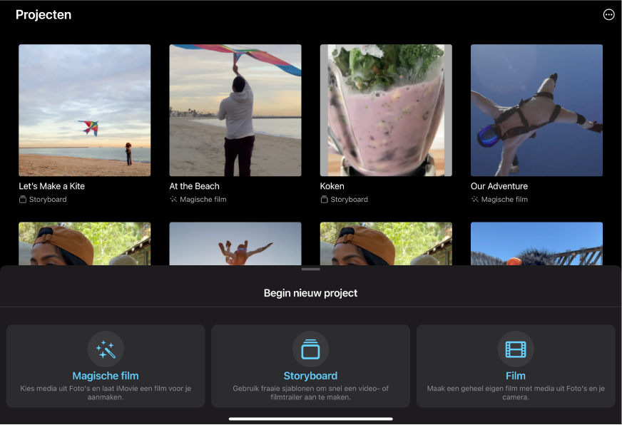 De projectkiezer met miniaturen van bestaande projecten en de knop 'Begin nieuw project' eronder.