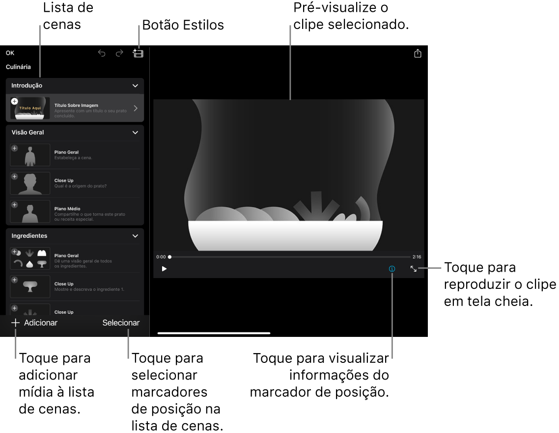 Um projeto de storyboard aberto, com o clipe marcador de posição selecionado exibido no visualizador e a lista de cenas abaixo.