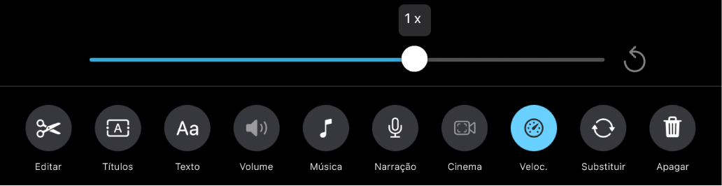 O controle de velocidade definido em velocidade 1x, com o botão Redefinir à direita e o botão Velocidade abaixo.