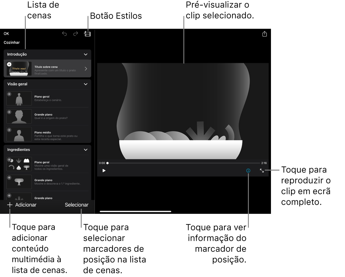 Um projeto de storyboard aberto, com o clip marcador de posição selecionado a aparecer no visualizador e na lista de planos por baixo.