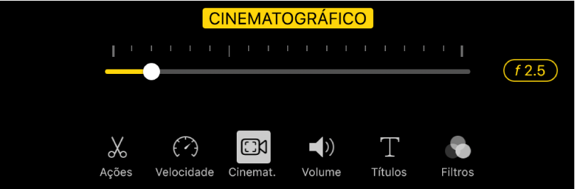 O nivelador de profundidade de campo, disponível quando toca no botão Cinemático.