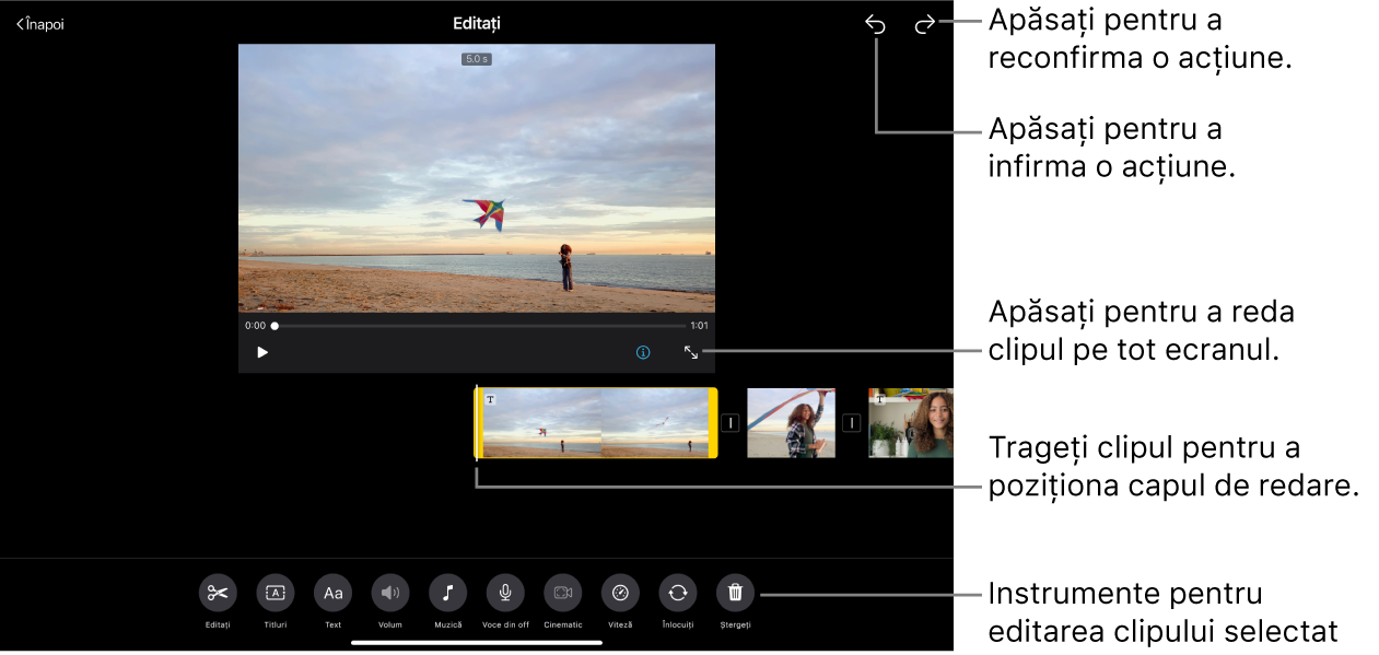 Un clip dintr-un proiect storyboard este în curs de editare și vizualizatorul afișează o previzualizare a clipului. În partea de jos a ecranului se află butoanele pentru editarea clipului.