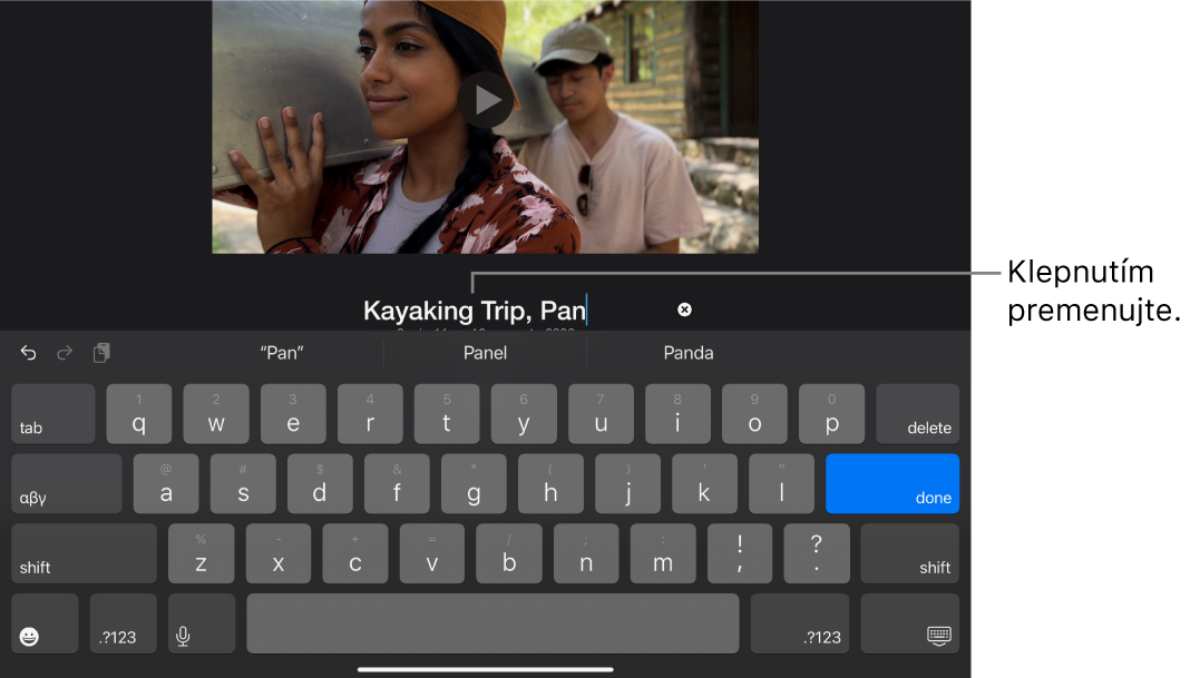 Upravovaný názov projektu s klávesnicou zobrazenou nižšie.