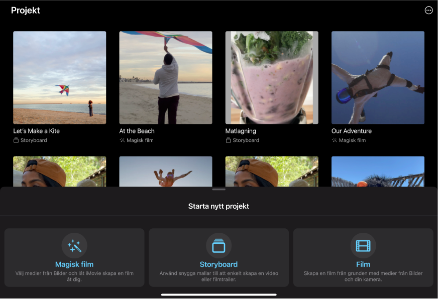 Projektbläddraren visar miniatyrer av befintliga projekt och knappen Starta nytt projekt nedanför.