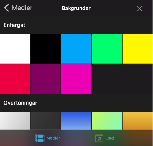 Ett projekt med en mönstrad bakgrund i visningsfönstret och bakgrundsbläddraren öppen till höger.