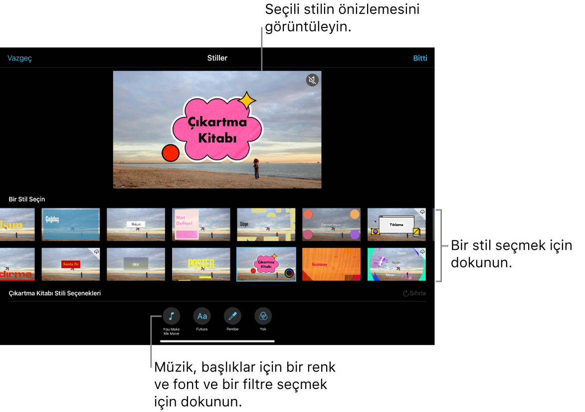 Seçili stilin önizlemesini gösteren görüntüleyici, altta da stil seçenekleri. Müzik ekleme, başlıklar için renk ve font seçme ve filtre uygulama düğmeleri ekranın en altında yer alır.