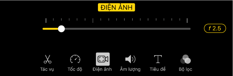 Thanh trượt Chiều sâu trường, có sẵn khi bạn chạm vào nút Điện ảnh.