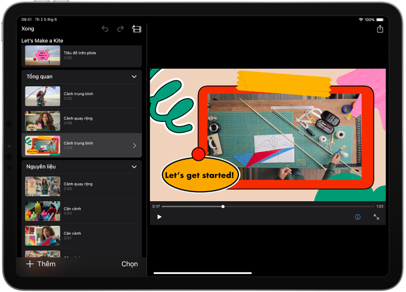 Một dự án bảng phân cảnh trong iMovie trên iPad.