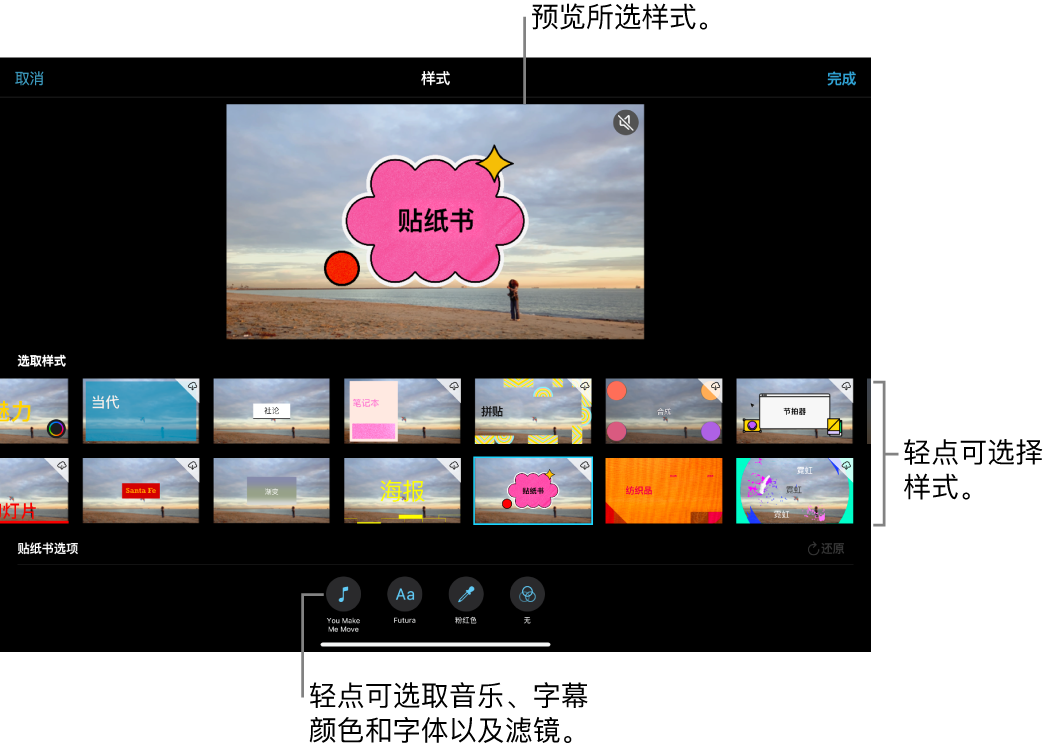 检视器显示所选样式的预览，其下方是样式选项。屏幕底部是添加音乐、选择字幕颜色和字体以及添加滤镜的按钮。