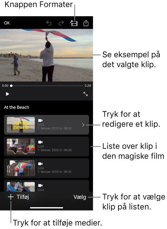 Et åbent magisk filmprojekt, hvor det valgte klip vises i fremviseren.