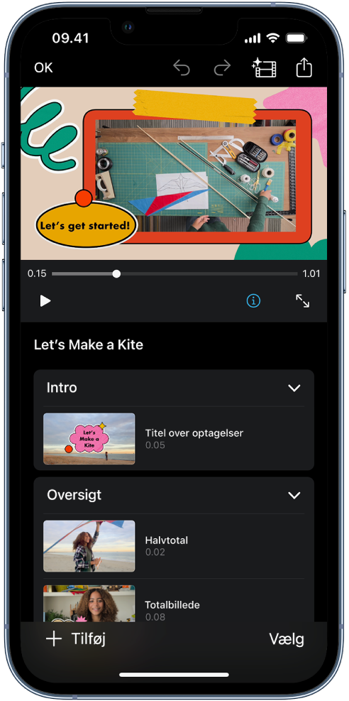 Et storyboardprojekt i iMovie på iPhone.