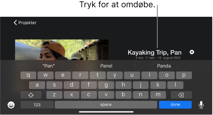 En projekttitel, der redigeres, med tastaturet vist nedenunder.