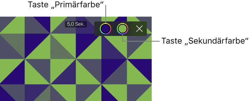 Der Vorschaubereich zeigt einen gemusterten Hintergrund in den Farben Grün und Blau und den Tasten für die primäre und die sekundäre Farbe.