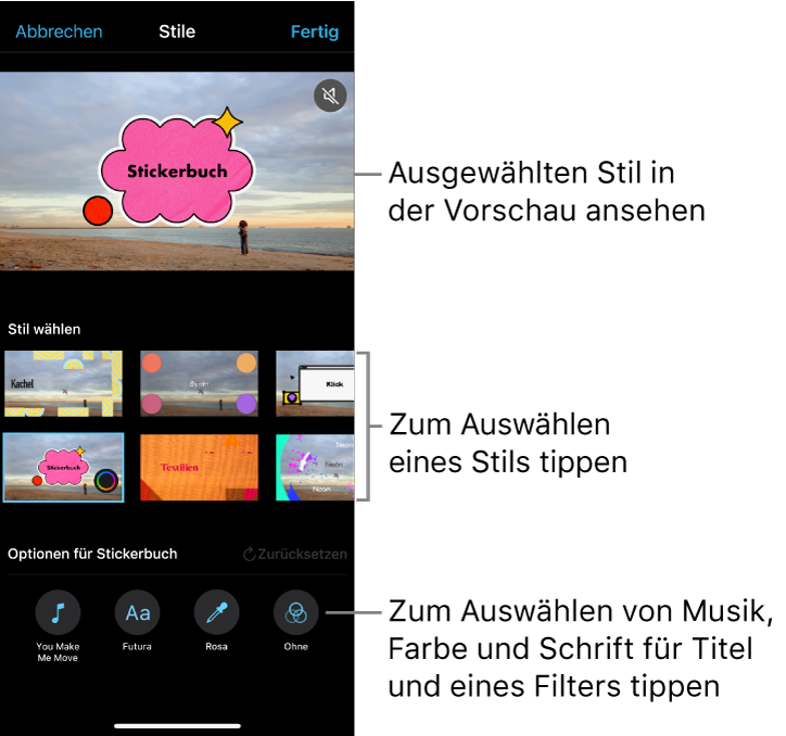 Der Vorschaubereich mit der Voransicht eines ausgewählten Stils mit Stiloptionen darunter. Unten auf dem Bildschirm werden Tasten für das Hinzufügen von Musik, das Auswählen einer Farbe und einer Schrift für Titel sowie das Hinzufügen eines Filters angezeigt.