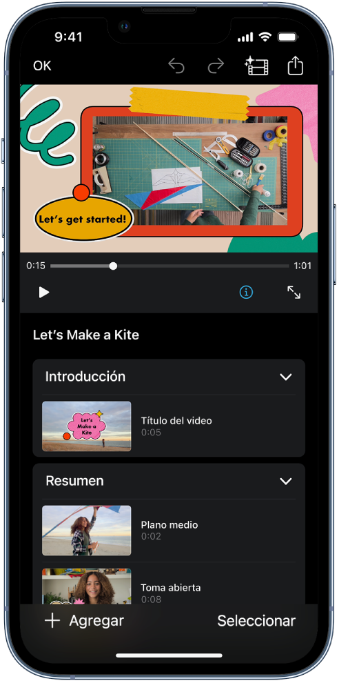 Un proyecto de guion gráfico en iMovie en el iPhone.