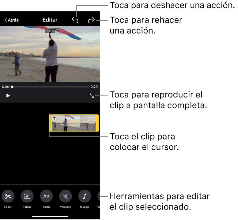 Un clip de un proyecto de película mágica siendo editado, con el visor mostrando una previsualización del clip. En la parte de abajo de la pantalla hay botones para editar el clip.